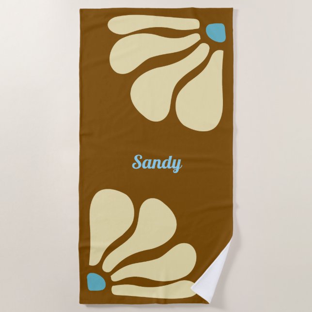 Serviette De Plage Fleur marron & ciel bleu monogramme nom  (Devant)