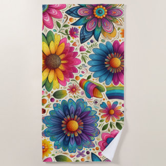 Serviette De Plage Fleur puissante botanique des années 60 colorée