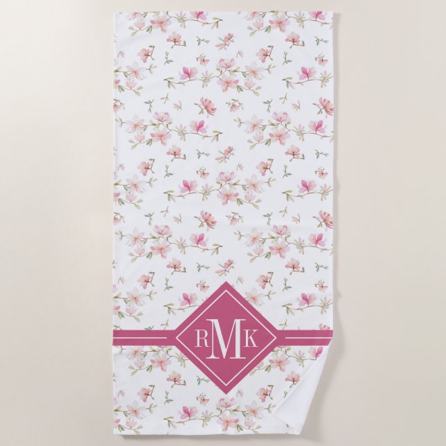 Serviette De Plage Fleur rose molle d'aquarelle du monogramme | (Devant)