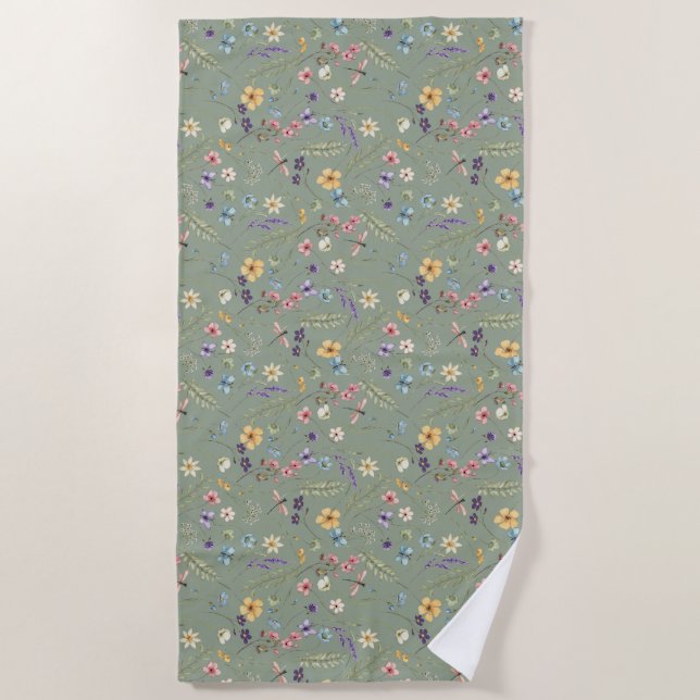 Serviette De Plage Fleur Sauvage et Papillon Vert Sauge (Devant)