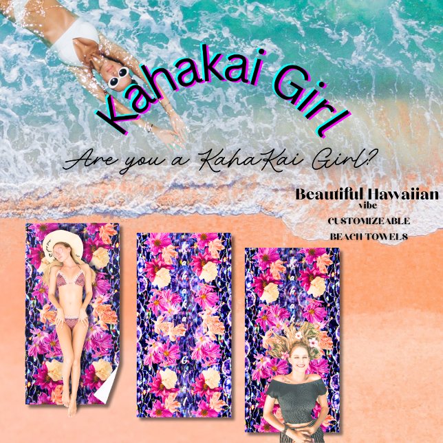 Serviette De Plage Fleur sauvage Whimsical Parties scintillant Pierre (Customizable floral beach towels with vertical text that reads "Kahakai Girl," for sea-loving girls)