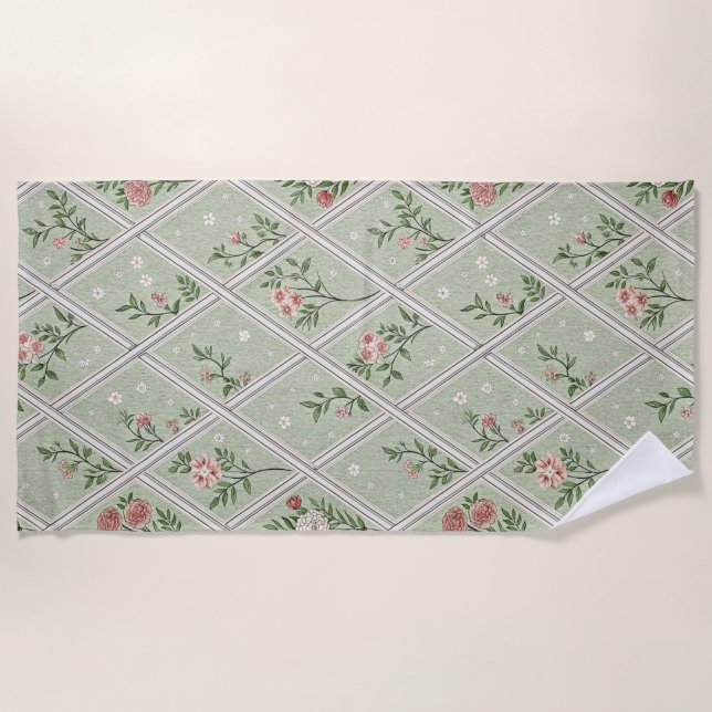 Serviette De Plage Fleur Vintage Vert Country  (Devant)