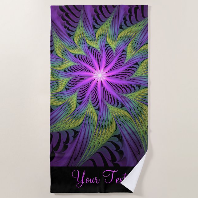 Serviette De Plage Fleuron vert violet Art Abstrait fractal moderne (Devant)