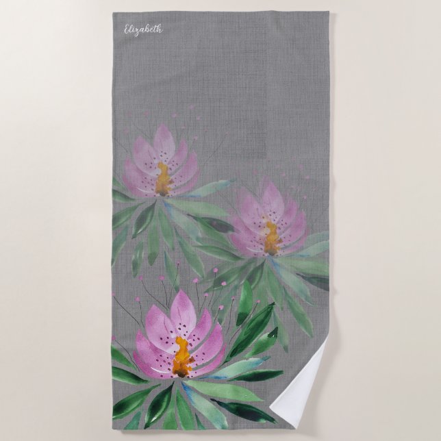 Serviette De Plage Fleurs Artistiques En Aquarelle Violet Rose Art (Devant)
