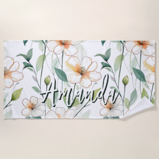 Serviette De Plage Fleurs Blanches Aériennes Motif de Verdure Florais