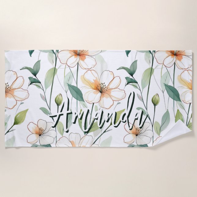Serviette De Plage Fleurs Blanches Aériennes Motif de verdure Florais (Devant)