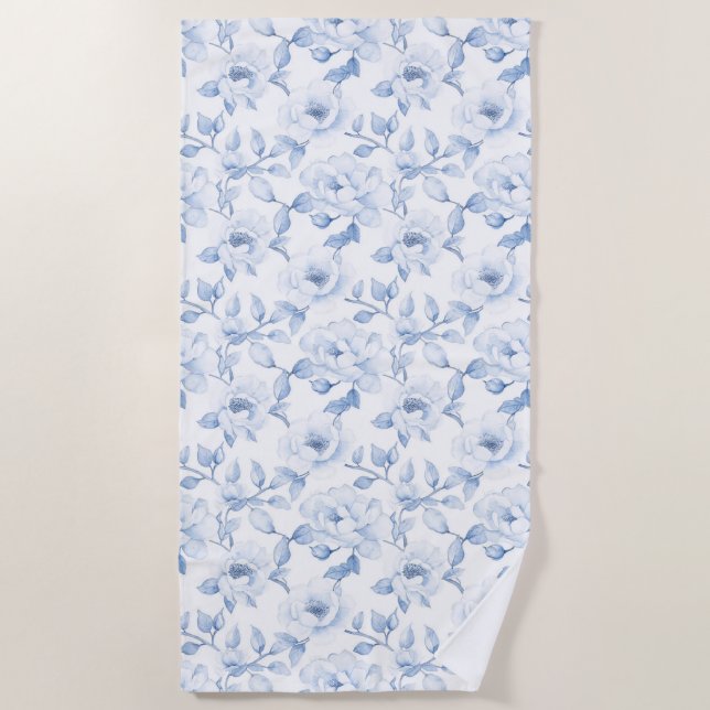 Serviette De Plage Fleurs Blancs Chic Et Joli Bleu (Devant)