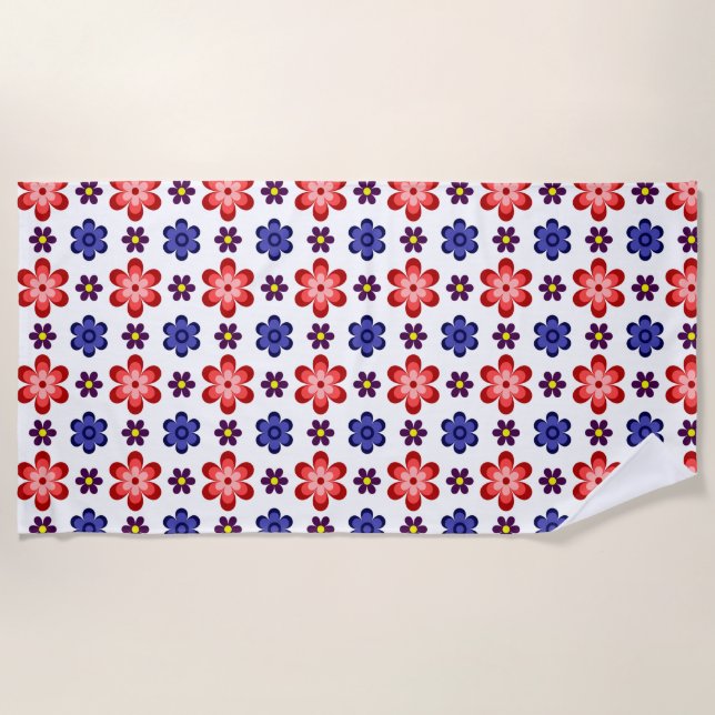 Serviette de plage Fleurs Bleu Violet Rouge Bohème (Devant)
