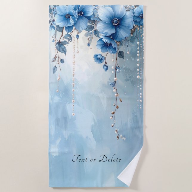 Serviette de plage Fleurs bleues et perles (Devant)