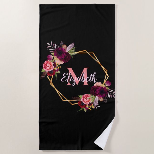 Serviette De Plage Fleurs bordeaux noires monogramme nom géométrique (Devant)