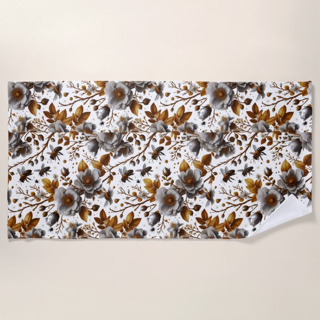 Serviette De Plage fleurs d'abeilles miel et art motif feuille (Devant)