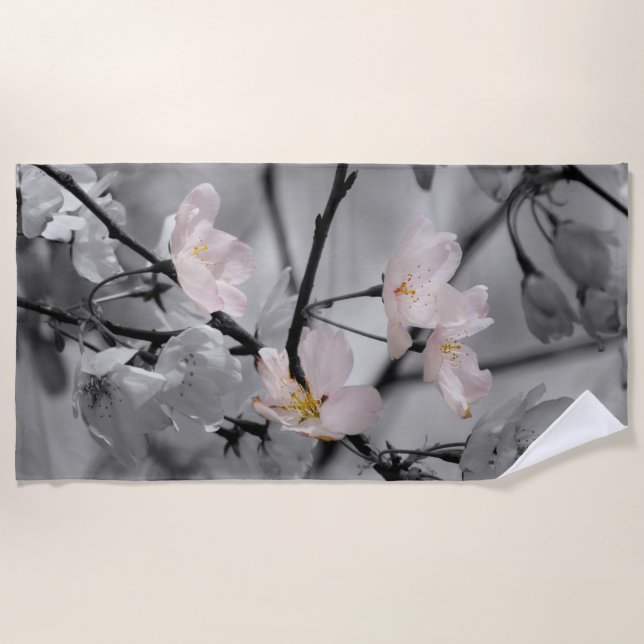 Serviette De Plage Fleurs de cerisiers roses et gris (Devant)