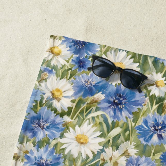 Serviette De Plage Fleurs de marguerite bleue blanche (En situation)