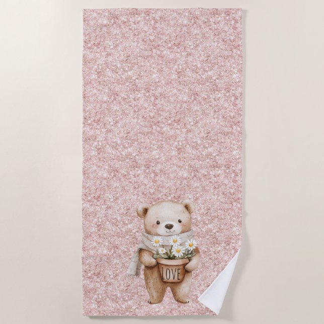 Serviette De Plage Fleurs de marguerite d'ours doux pailleté rose (Devant)