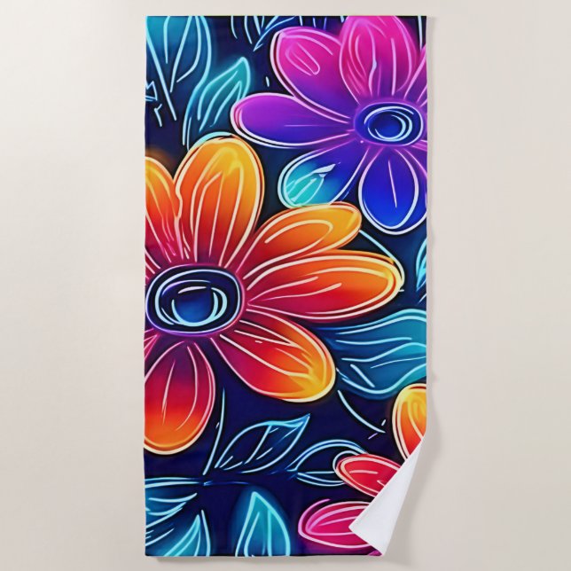 Serviette De Plage Fleurs de néon brillantes (Devant)