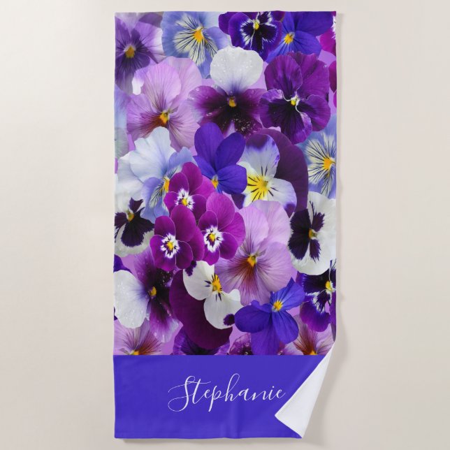 Serviette De Plage Fleurs de Pensées Violet Bleu Blanc Monogramme  (Devant)