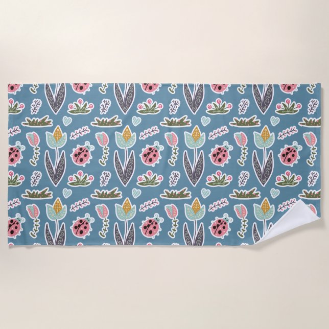 Serviette De Plage Fleurs de printemps et Motif de coccinelle (Devant)