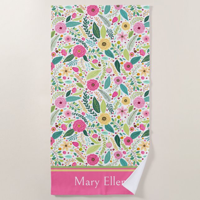 Serviette De Plage Fleurs de printemps roses et vertes (Devant)