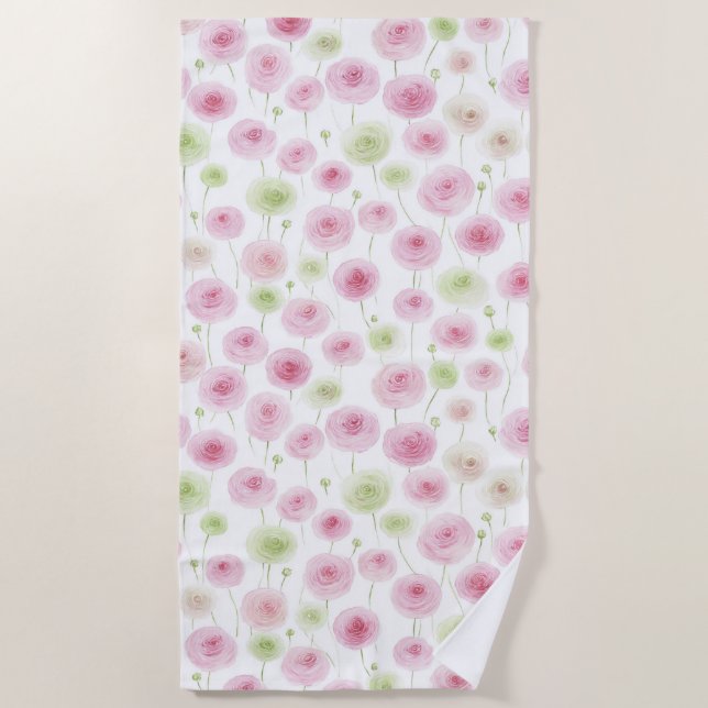 Serviette De Plage Fleurs de renoncule rose menthe (Devant)