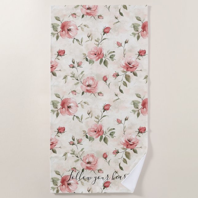 Serviette De Plage Fleurs de roses roses  (Devant)