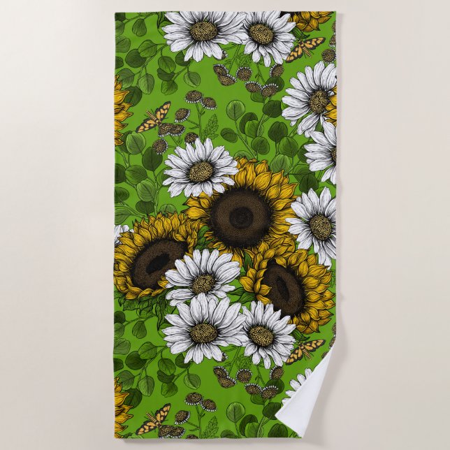 Serviette De Plage Fleurs de soleil et marguerites, jardin d'été (Devant)
