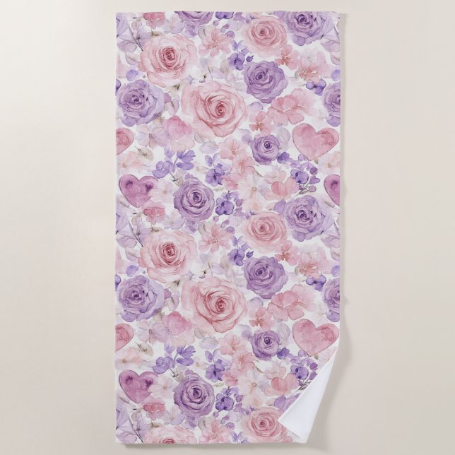 Serviette De Plage Fleurs de teinte rose violet pour la Saint-Valenti (Devant)