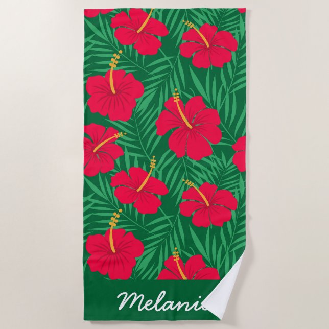 Serviette De Plage Fleurs d'Hibiscus rouges sur Feuilles tropicaux su (Devant)
