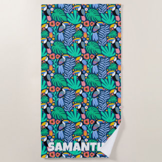 Serviette De Plage Fleurs d'oiseaux colorées et tropicales toucans Pl