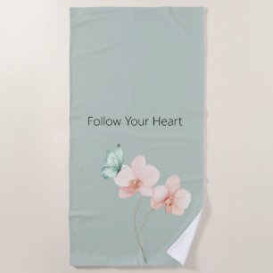 Serviette De Plage Fleurs d'orchidée rose papillon vert menthe