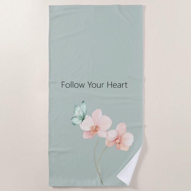 Serviette De Plage Fleurs d'orchidée rose papillon vert menthe (Devant)