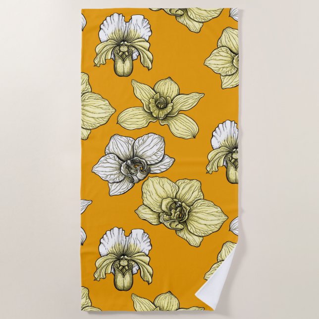 Serviette De Plage Fleurs d'orchidées jaune et blanc (Devant)