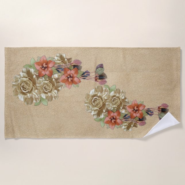 Serviette De Plage Fleurs en cuir sur daim crème (Devant)