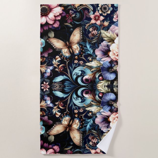 Serviette De Plage Fleurs et papillons de printemps antiques (Devant)