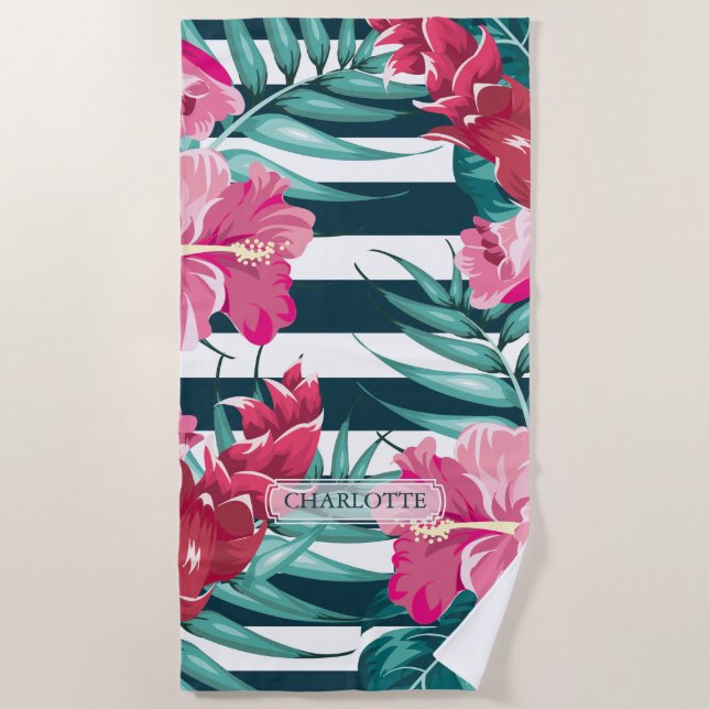 Serviette De Plage Fleurs exotiques estivales Monogrammes rayés (Devant)