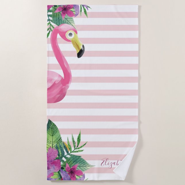 Serviette De Plage Fleurs Feuilles de Flamant rose rose mignonne (Devant)