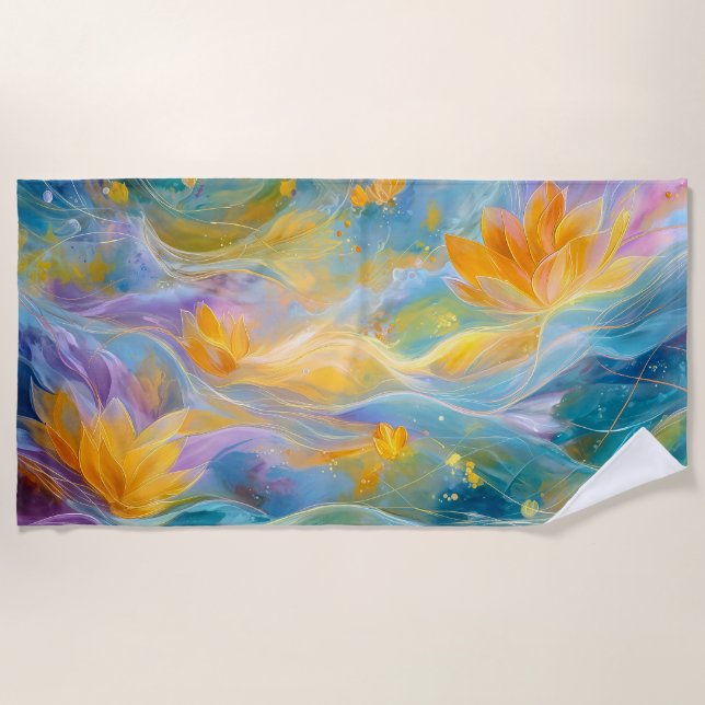 Serviette De Plage Fleurs flottantes de lotus doré abstrait  (Devant)