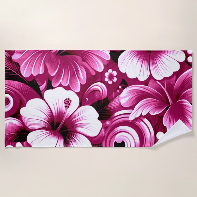 Serviette De Plage Fleurs hawaïennes tropicales Hibiscus Motif rose (Devant)