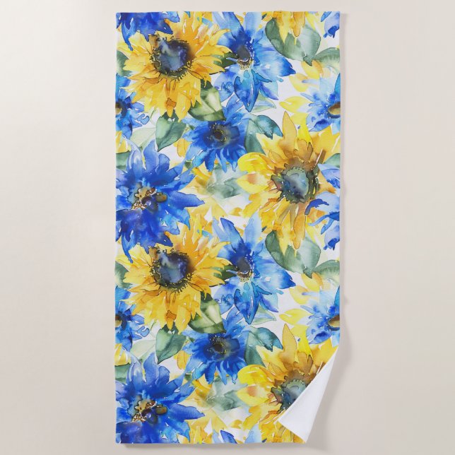Serviette De Plage Fleurs Jaunes Bleues Anniversaire (Devant)