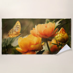 Serviette De Plage Fleurs Jaunes Profondes et Lumineuses avec Papillo