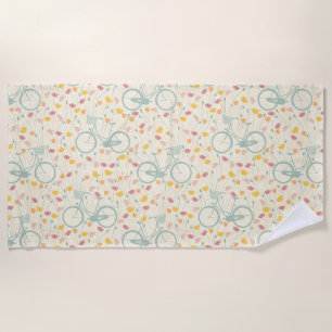 Serviette De Plage Fleurs jaunes roses d'été Motif de bicyclette bleu