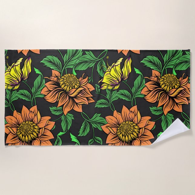 Serviette De Plage Fleurs lumineuses jaillissant d'un fond noir (Devant)