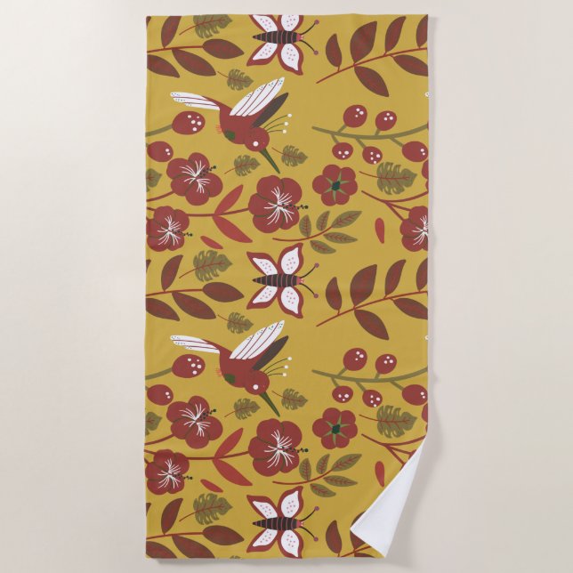 Serviette De Plage Fleurs motifs florales sans soudure, papillon, rou (Devant)