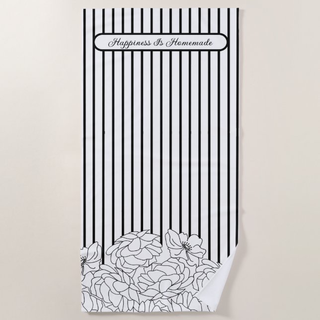 Serviette De Plage Fleurs noires et blanches avec bandes (Devant)