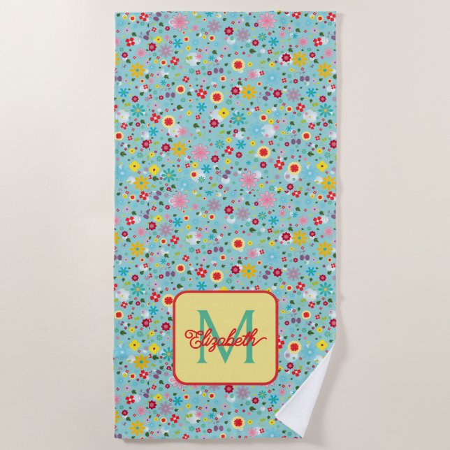 Serviette De Plage Fleurs printanières sur monogramme bleu aqua (Devant)
