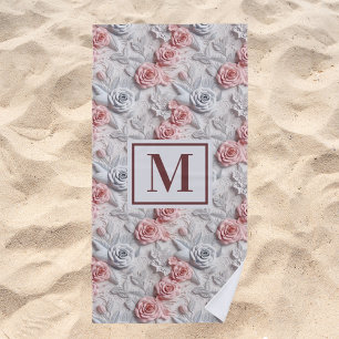 Serviette De Plage Fleurs rose blanc monogramme initial