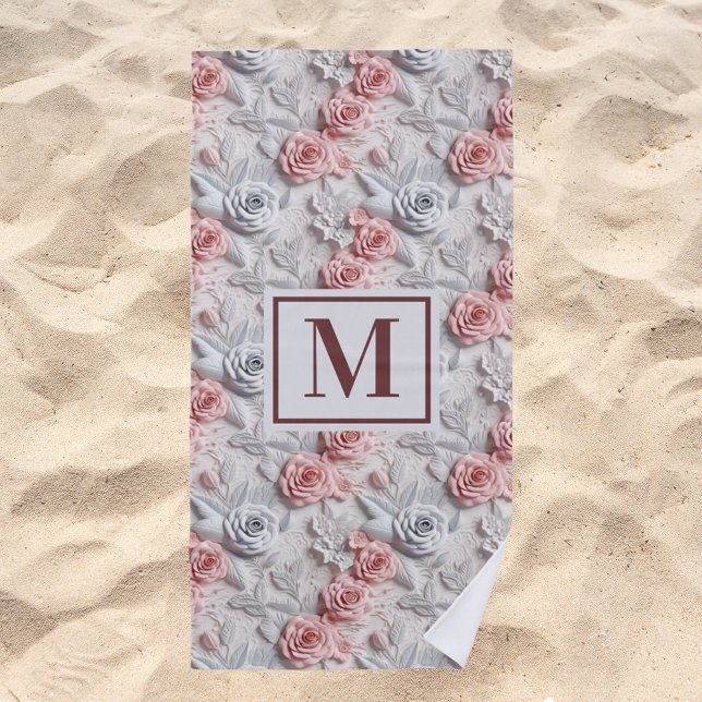 Serviette De Plage Fleurs rose blanc monogramme initial (Créateur téléchargé)
