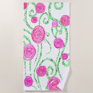 Serviette De Plage Fleurs rose et verte