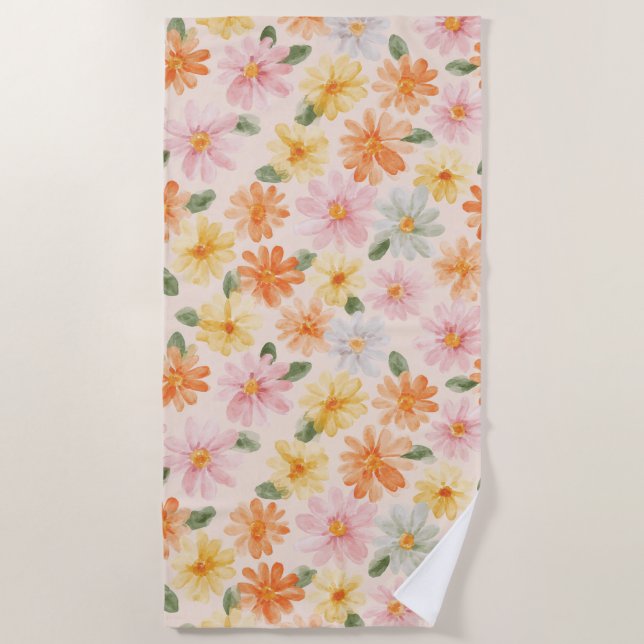 Serviette De Plage Fleurs Rose Jaune Bleu Pêche  (Devant)