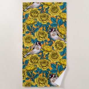 Serviette De Plage Fleurs roses et oiseaux dorés