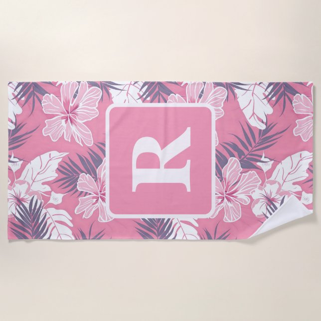 Serviette De Plage Fleurs roses tropicales Couverture polaire monogra (Devant)